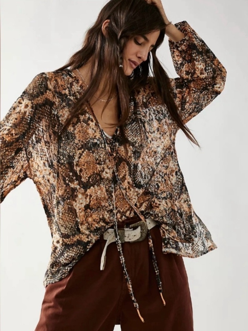 Free People Out for the Night Sheer Brown Snake Combo Printed Long Sleeve Top S